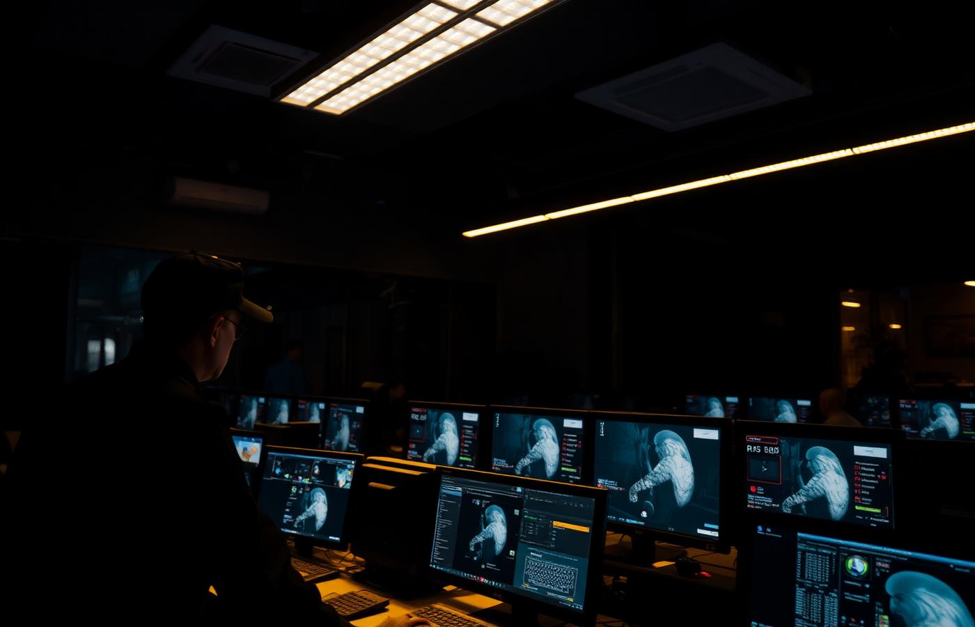Operator monitoring CCTV screens overnight